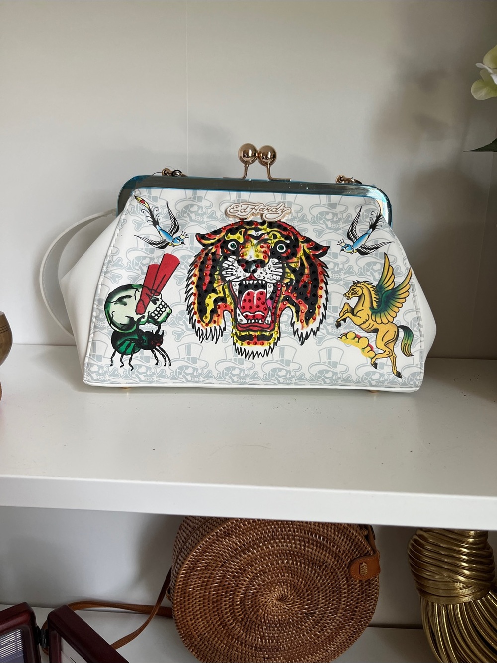 Ed Hardy White Tattoo-Print Kiss-Lock Tiger Purse with purse charms